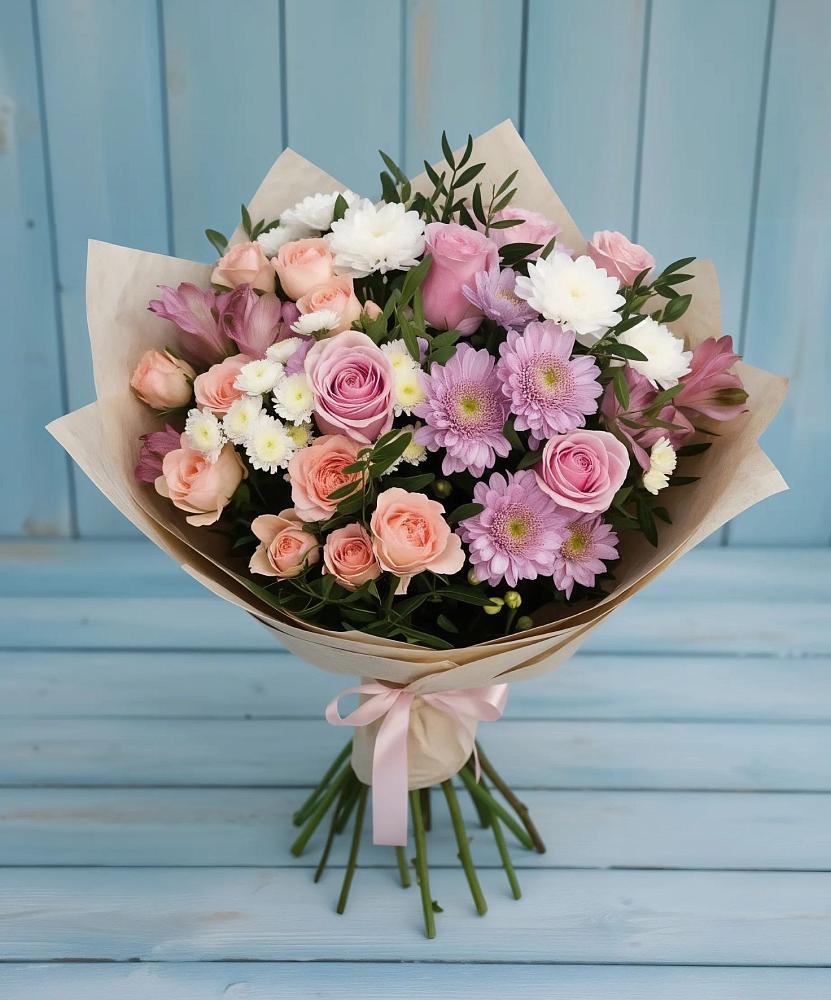 Букет цветов из: Хризантемы, Розы и Альстромерии в Ягодное