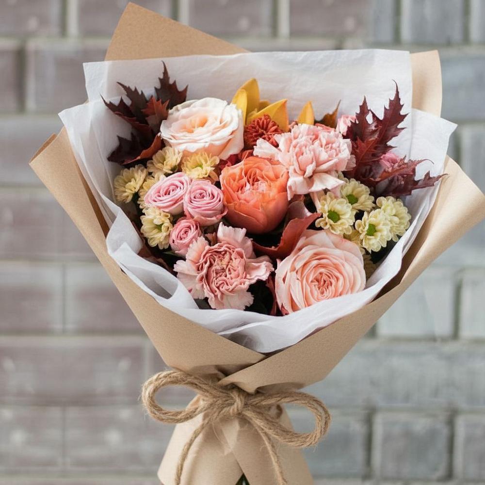 Букет цветов из: Гвоздики, Хризантемы и Розы в Ягодное