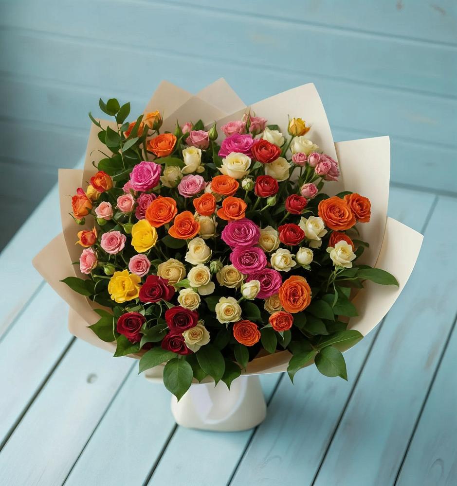 Букет Микс из разноцветных кустовых роз в Ягодное